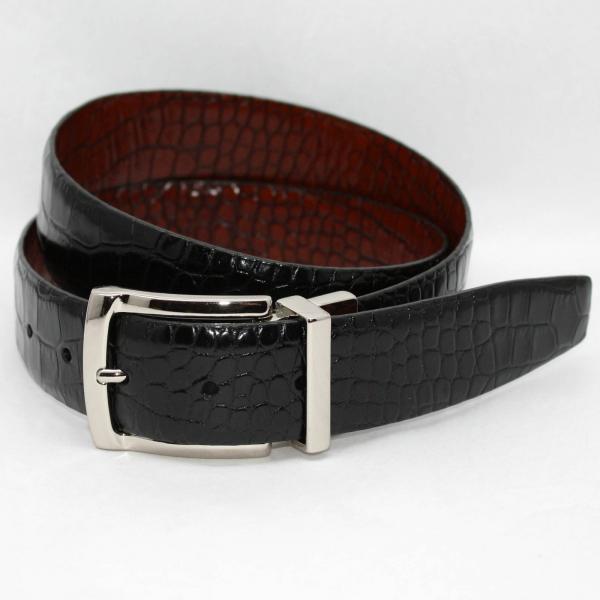 Torino Leather Italian Alligator Embossed Calf Belt - Black/Cognac Image
