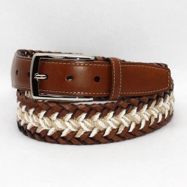 Torino Leather  Italian Woven Bonded & Linen Belt Calf Tabs - Cream/Khaki/Tan Image