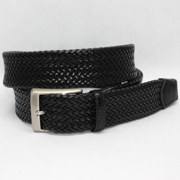 Torino Leather Italian Woven Tubular Calf Belt with Lizard Tabs - Black Image