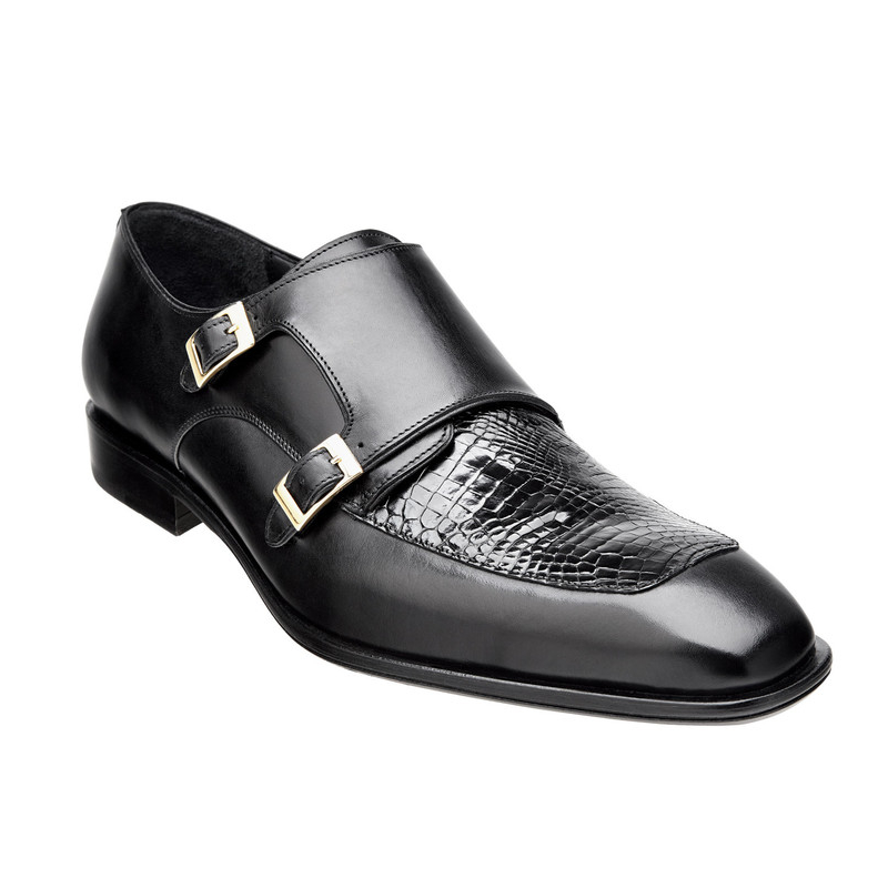 Belvedere Alvaro Alligator & Calfskin Double Monk Strap Shoes Black Image