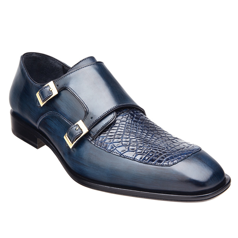 Belvedere Alvaro Alligator & Calfskin Double Monk Strap Shoes Blue Safari Image