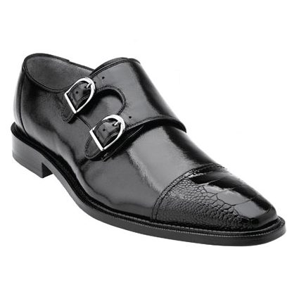 Belvedere Amico Calfskin & Ostrich Double Monk Strap Shoes Black Image