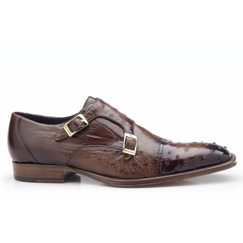 Belvedere Cotto Ostrich Double Monk Strap Shoes Antique Brown