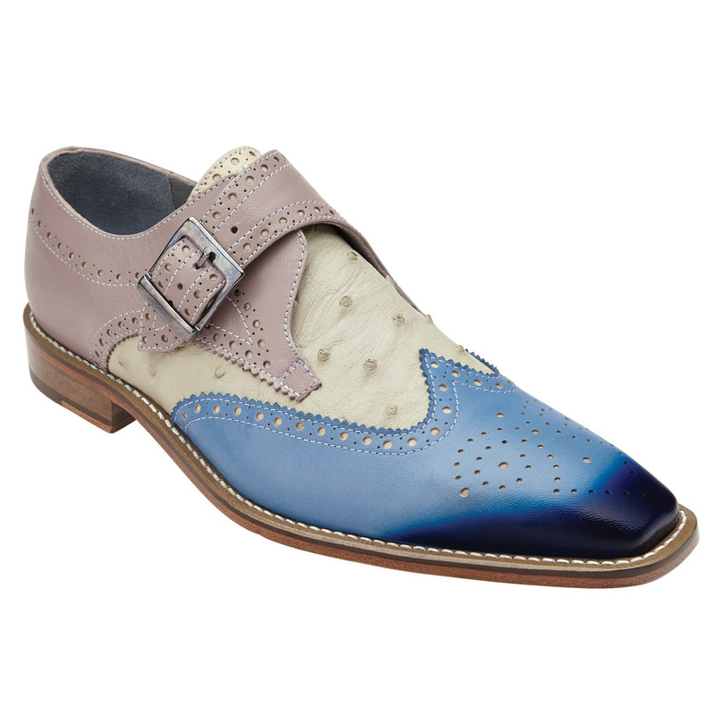 Belvedere Furio Ostrich & Calfskin Wingtip Monk Strap Shoes Blue/Bone/Taupe Image