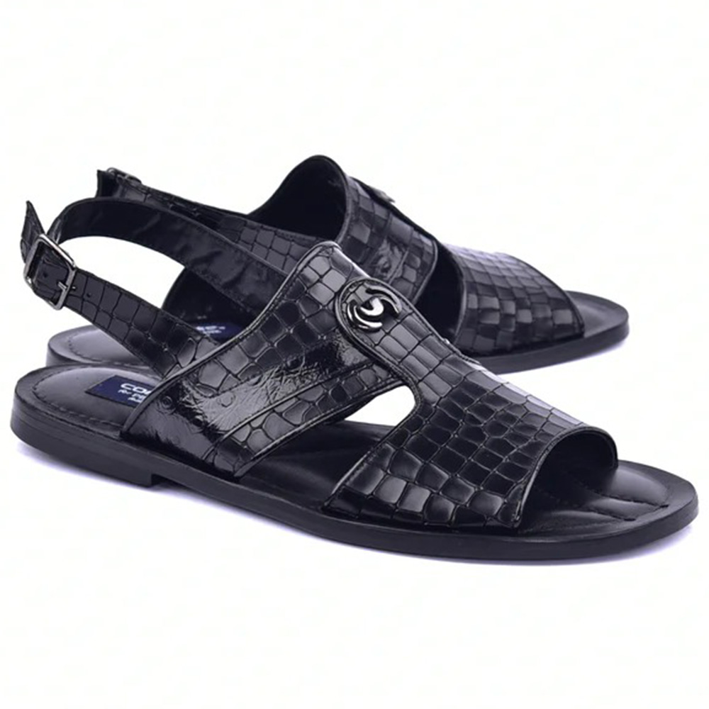 Corrente C0074-5829S Embossed Leather & Ostrich Sandals Black Image