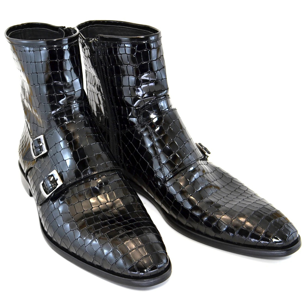 Corrente C2033-4604 Croc Print Zipper Side Buckle Boots Black Image