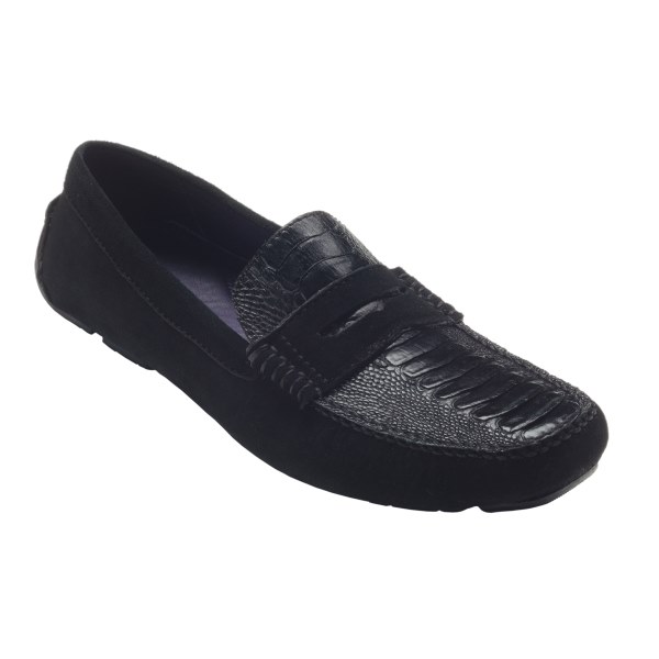 David X Penny Ostrich Leg &amp; Suede Driving Shoes Black Image