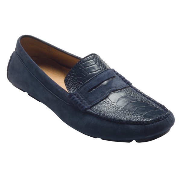 David X Penny Ostrich Leg &amp; Suede Driving Shoes Navy Image