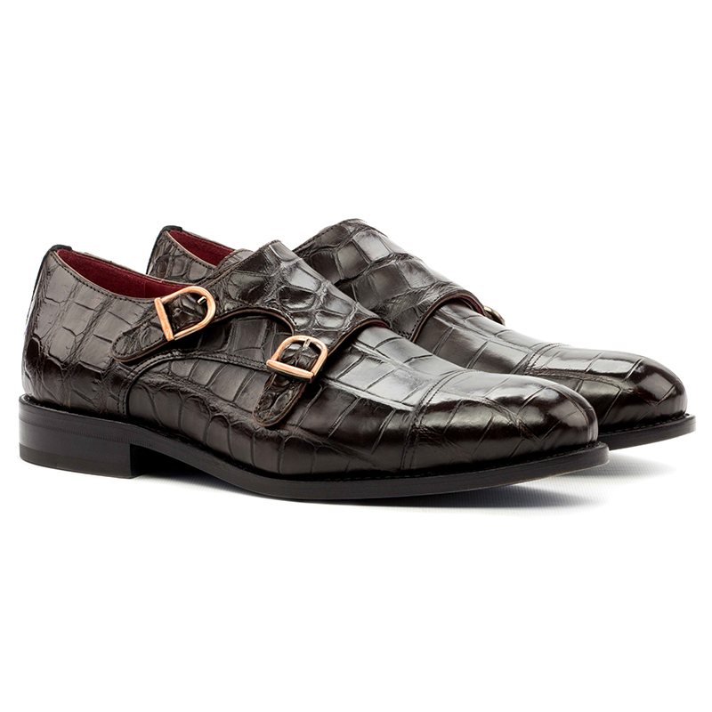 Emanuele Sempre Double Monk Alligator Shoes Black/Dark Brown Image