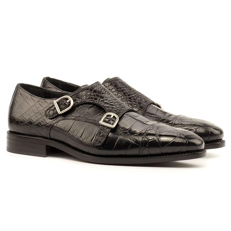 Emanuele Sempre Double Monk Exotic Alligator Shoes Black Image