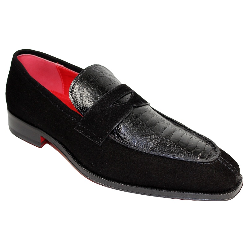 Fennix Harry Suede and Ostrich Slip-on Shoes Black Image