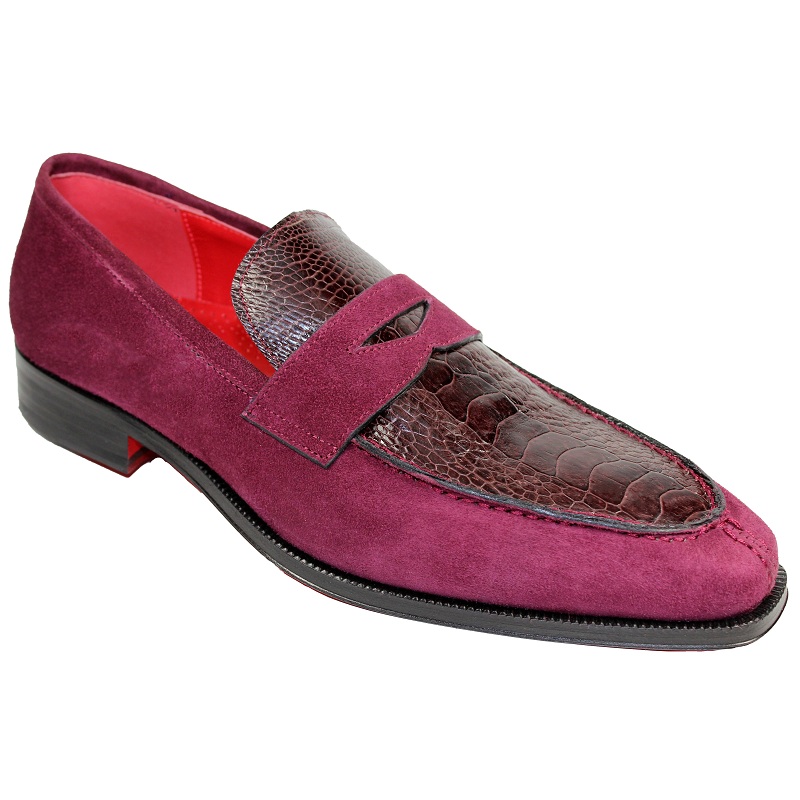 Fennix Harry Suede and Ostrich Slip-on Shoes Burgundy Image