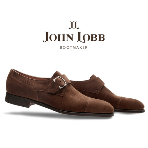 John Lobb Brentwood Goodyear Welt Suede Monk Strap Shoes Dark Brown Image
