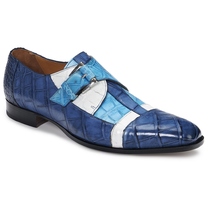 Mauri 4841 Alligator Monk Strap Shoes Caribbean Blue / White / Blue (SPECIAL ORDER) Image