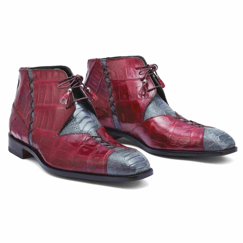Mauri 4926 Harlem Ostrich & Crocodile Boots Gray / Ruby Red (Special Order) Image