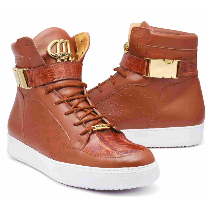 Mauri 8500 Crocodile / Patent / Nappa High Top Sneakers Cognac (Special Order) Image
