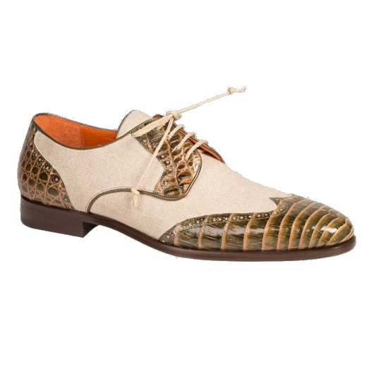 Mezlan Nola Crocodile & Linen Wingtip Shoes Olive / Bone Image