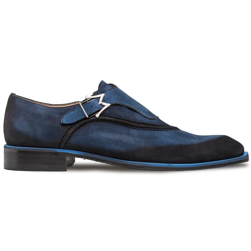 Mezlan Suede Asymmetrical Monkstrap Shoes Blue Image