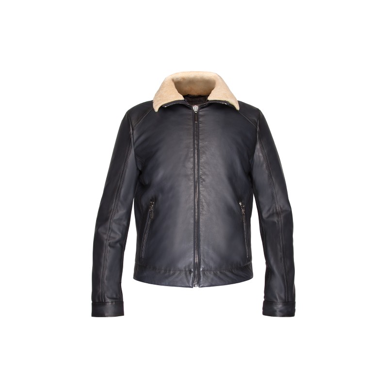 Moreschi RAMPUR02 Soft Leather blouson with sheepskin collar Dark Blue Image