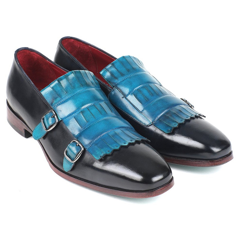 Paul Parkman Calfskin Double Monk Strap Shoes Blue & Navy Image