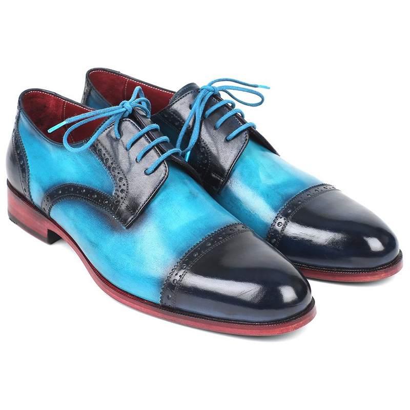 Paul Parkman Leather Cap Toe Derby Shoes Blue & Turquoise Image