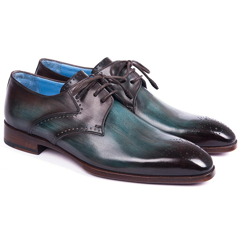 Paul Parkman Leather Medallion Toe Derby Shoes Turquoise & Brown Image