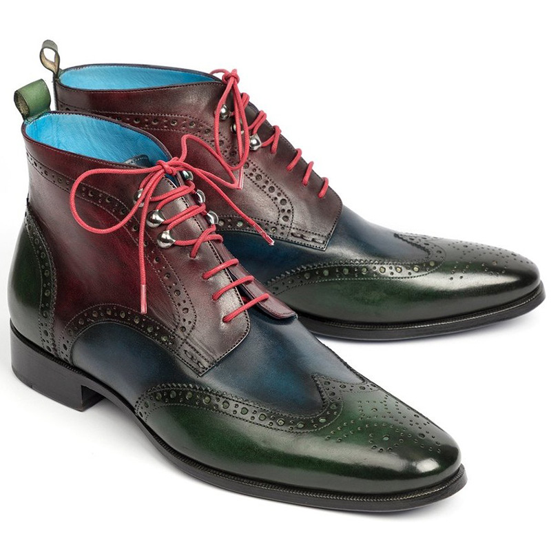 Paul Parkman Leather Wingtip Ankle Boots Three Tone Green Blue Bordeaux Image
