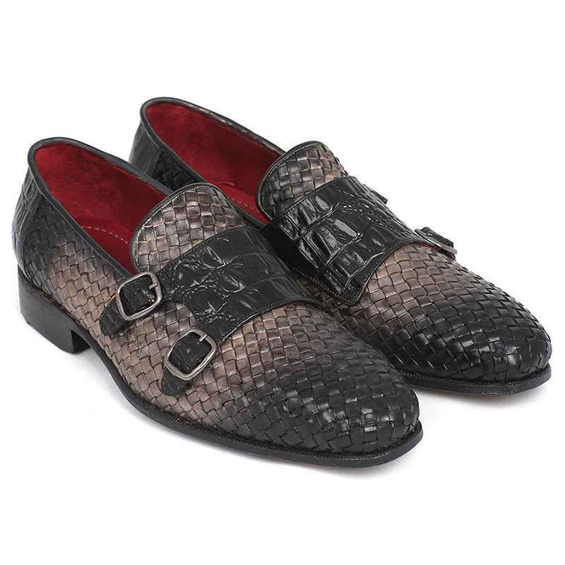Paul Parkman Woven & Croc Embossed Monk Strap Shoes Gray Image