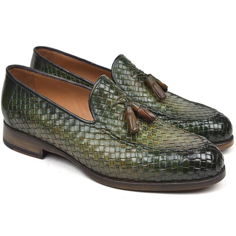 Paul Parkman Woven Leather Tassel Loafers Green Image