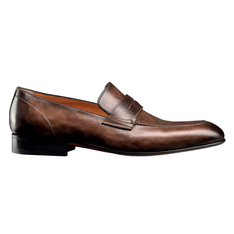 Santoni 10565 Hand Antiqued Penny Loafers Brown Image