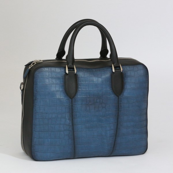 Santoni Croc Embossed Leather Briefcase Cobalt Blue Image