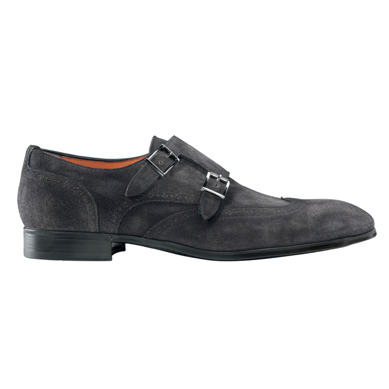 dichtheid zoeken van mening zijn Santoni Virgil Suede Wingtip Monk Strap Shoes Smoke | MensDesignerShoe.com