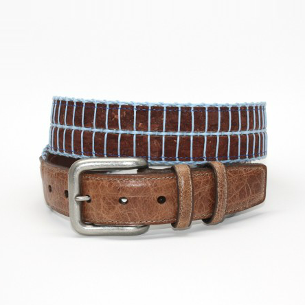 Torino Leather Italian Woven Cork & Waxed Cotton Belt - Brown/Light Blue Image
