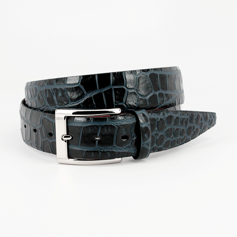 Torino Leather Bi-Color Crocodile Embossed Calfskin Belt Black / Navy Image