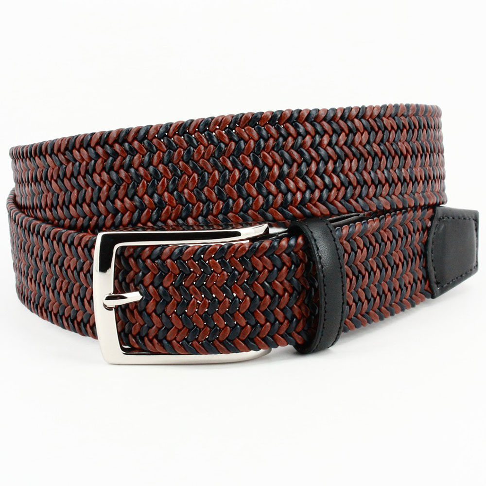 Torino Leather Italian Braided Stretch Leather Cording Belt Black / Cognac