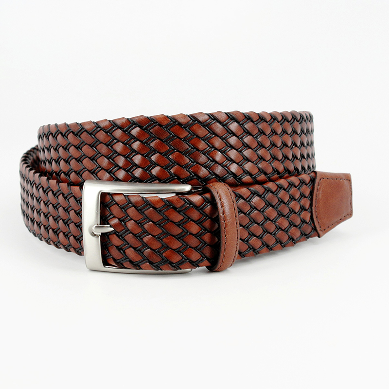 Torino Leather Italian Leather & Cotton Woven Belt Tan / Black Image