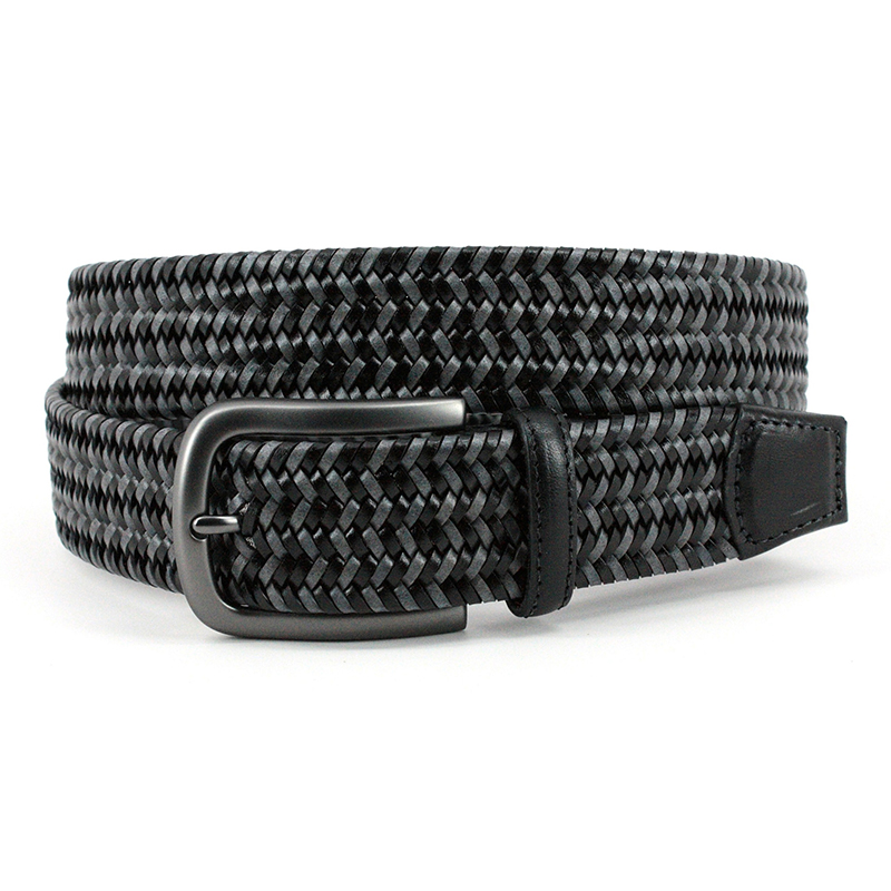 Torino Leather Italian Mini Strand Woven Stretch Leather Belt Black Grey Image