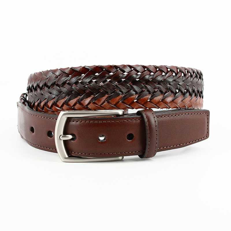 Torino Leather Italian Tri Color Woven Leather Belt Mahogany Brown Cognac Image