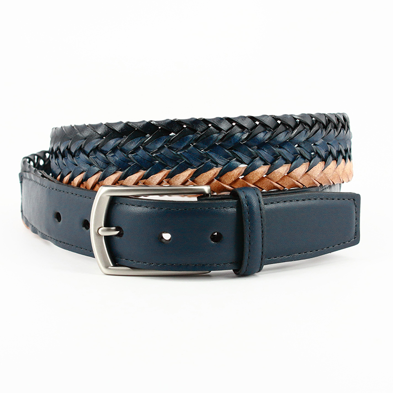 Torino Leather Italian Tri Color Woven Leather Belt Navy Blue Tan Image