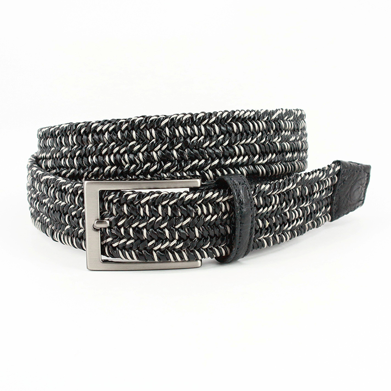 Torino Leather Italian "Twist" Woven Leather & Cotton With Genuine Caiman Tabs Belt Black Image