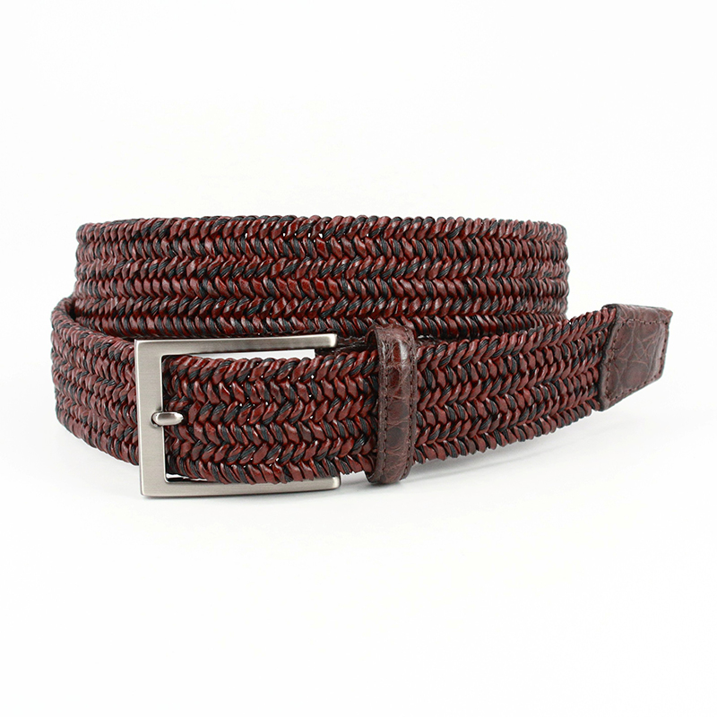 Torino Leather Italian "Twist" Woven Leather & Cotton With Genuine Caiman Tabs Belt Brown Image