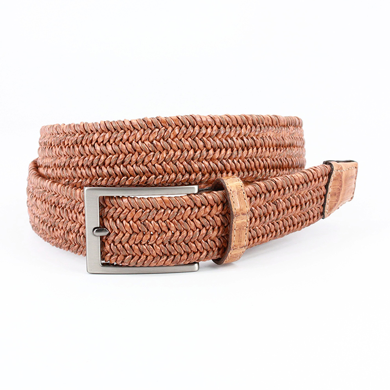 Torino Leather Italian "Twist" Woven Leather & Cotton With Genuine Caiman Tabs Belt Saddle Image