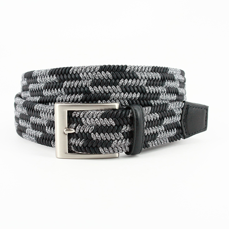 Torino Leather Two Tone Herringbone Cotton Elastic Belt Black Grey Image