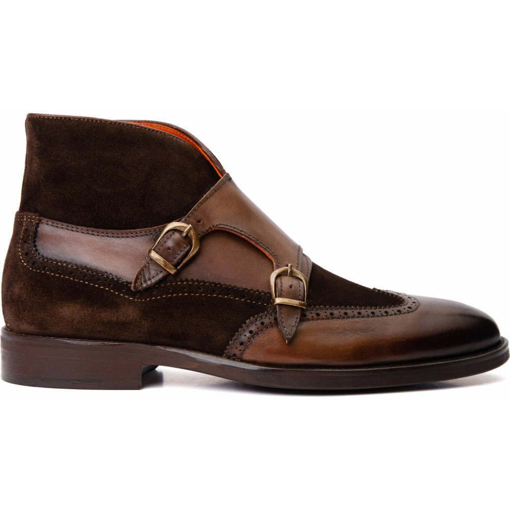 Vinci Leather The Albus Brown Leather / Suede Double Strap Monk Brogue Boot (X-559 (549-113)) Image