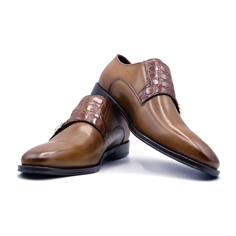 Zelli Calf & Crocodile Monk Strap Shoes Cognac Size 9 Image