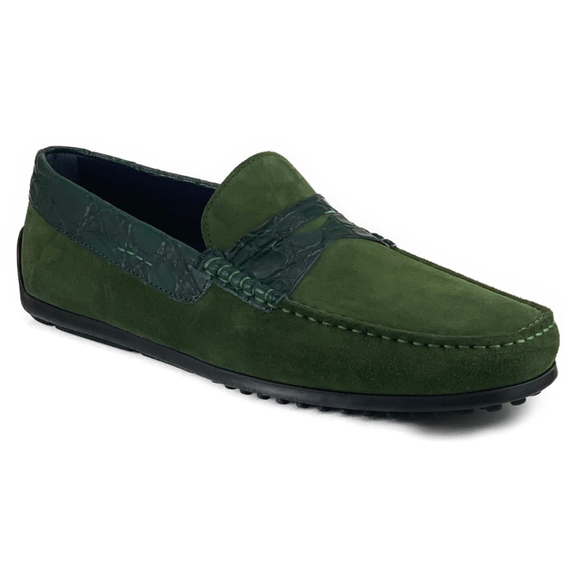 Zelli Monza Suede & Crocodile Driving Shoes Green Image