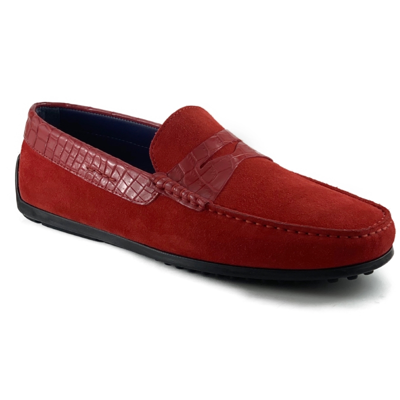 Zelli Monza Suede & Crocodile Driving Shoes Red Image