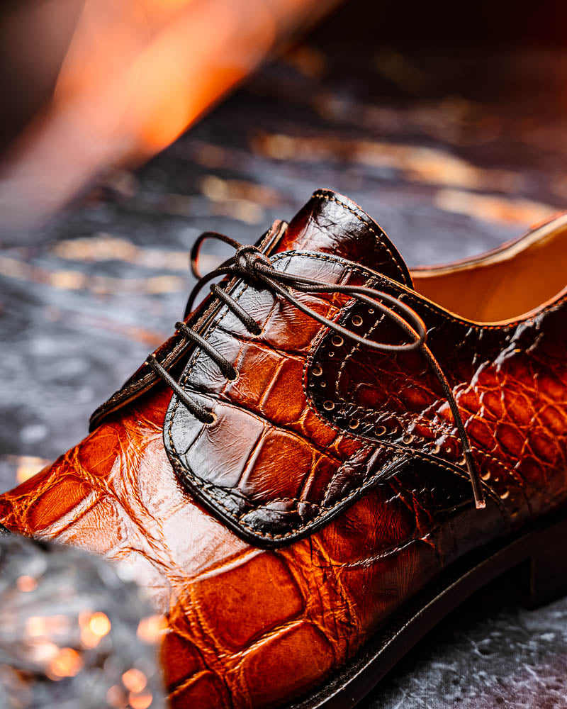 Mauri 1087/2 Flawless Alligator Cap Toe Derby Cognac / Dirty Gold (Special Order)