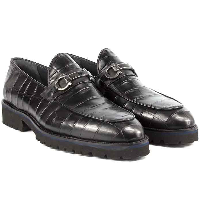 Corrente P00045 Michel Crocodile Print Bit Loafer Black