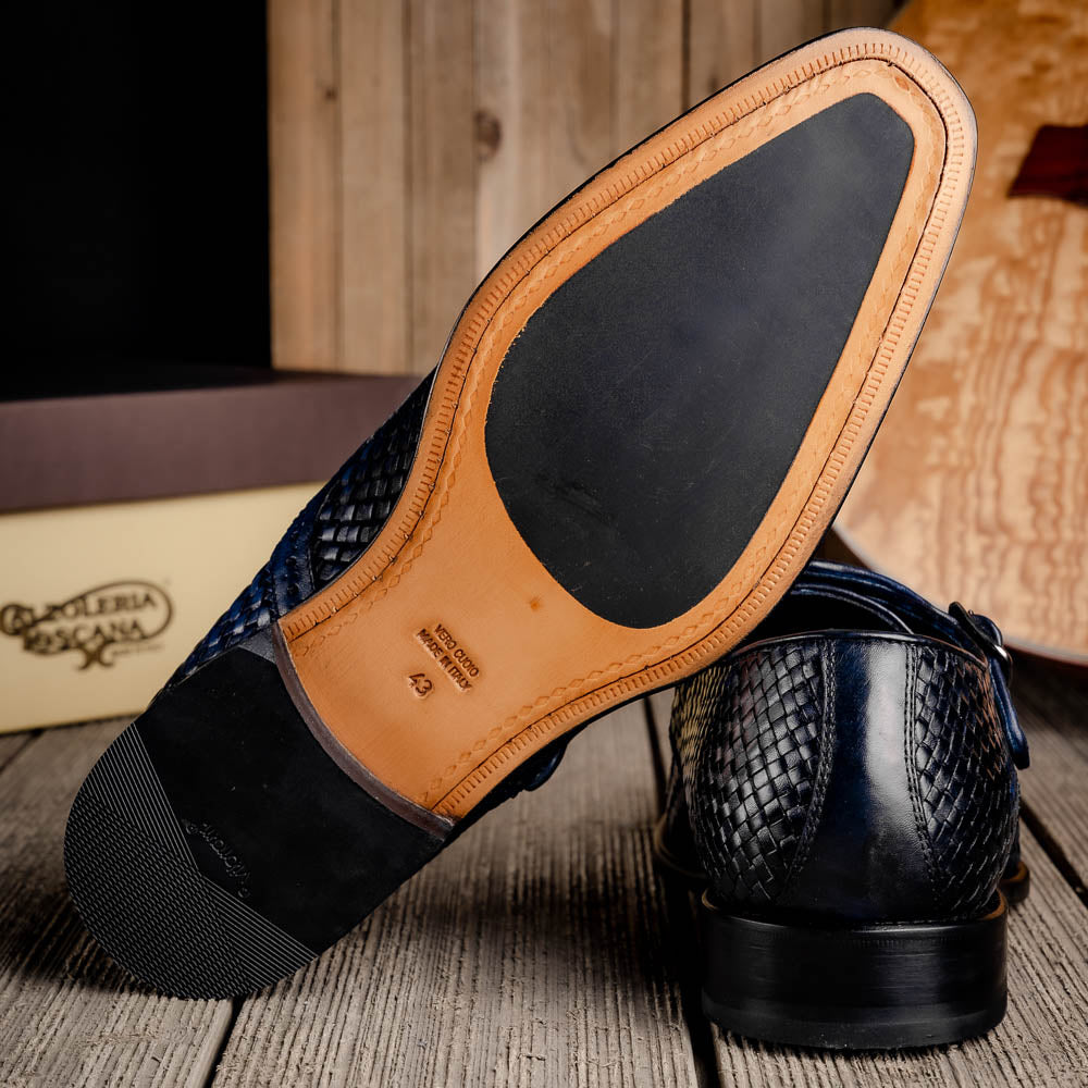 Calzoleria Toscana Q978 Woven Wingtip Monkstrap Shoes Navy